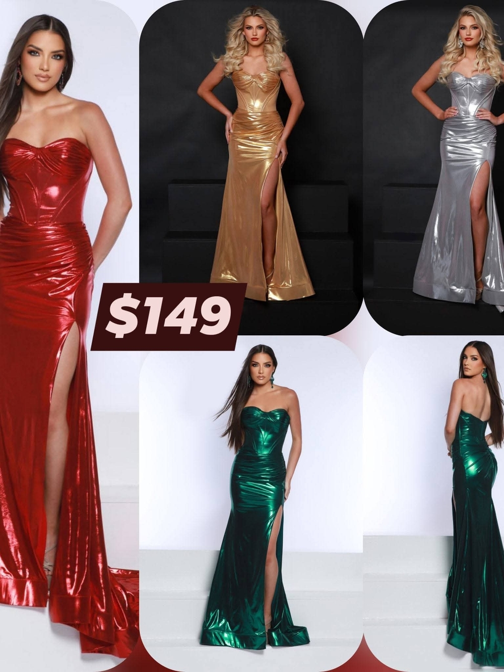 2 Cute Metallic Strapless Sweetheart Gown - Red, Gold, Silver, Green